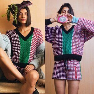 NWT Lingua Franca NYC Simko Crochet V-Neck Pullover Sweater Top Glacier Multi